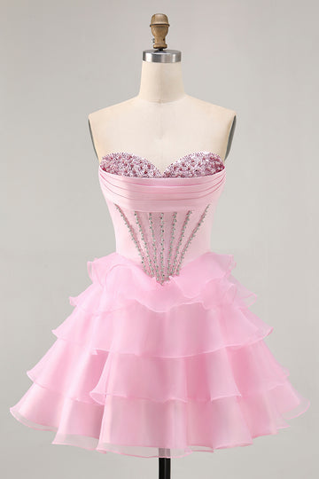 Sweetheart Beaded Tiered Ruffle A-Line Pink Homecoming Dress
